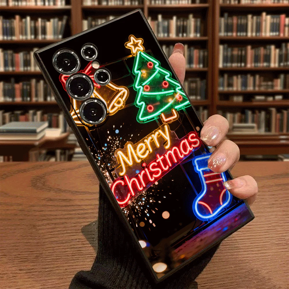 Neon-Frohe-Weihnachts-Schilder-Handyhülle für Samsung Galaxy S25 S24 Ultra S23 S22 S21 S20 FE Plus Weiche TPU-Schutzhülle