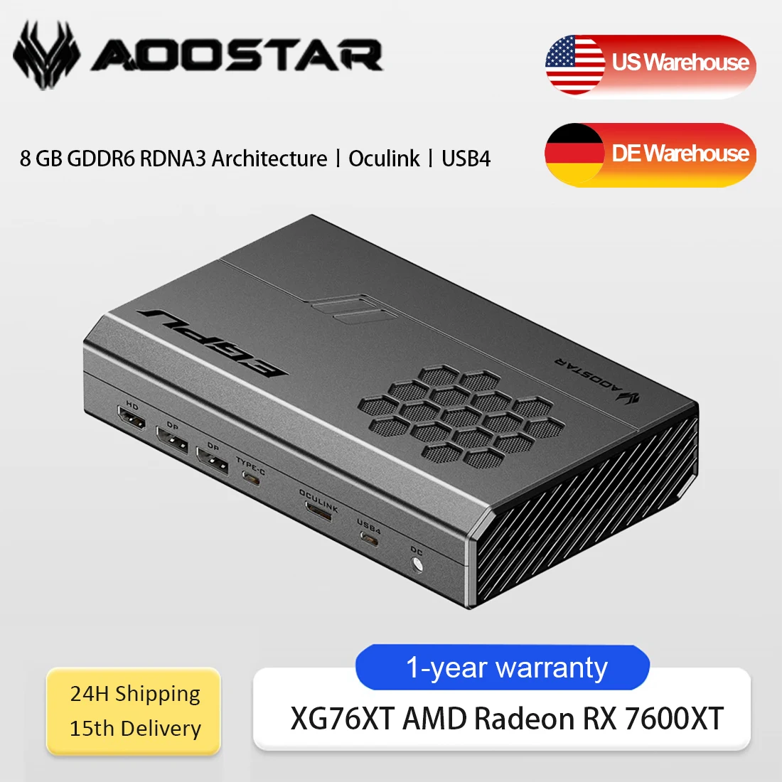 

Aoostar XG76XT External GPU Dock RX 7600XT 150W Full Power Desktop Graphics Card USB4/OCuLink Dual Interface for Laptop Mini PC