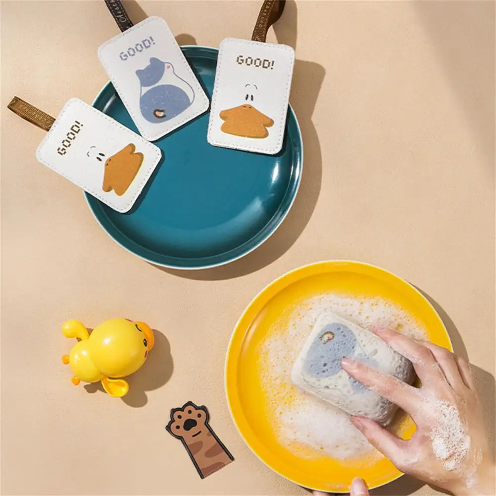 1/2PCS Cute Meow/big Mouth Duck Cleaning Sponges Cartoon Pattern Cleaning Tools Dishwashing Cotton Pot Wipe Oil Free