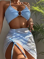 3 Pieces Thong Bikini 2026 Women With Skirt Ring Link Swimwear Female Halter Swimsuit Beachwear Bathing Swimming Suit Summer