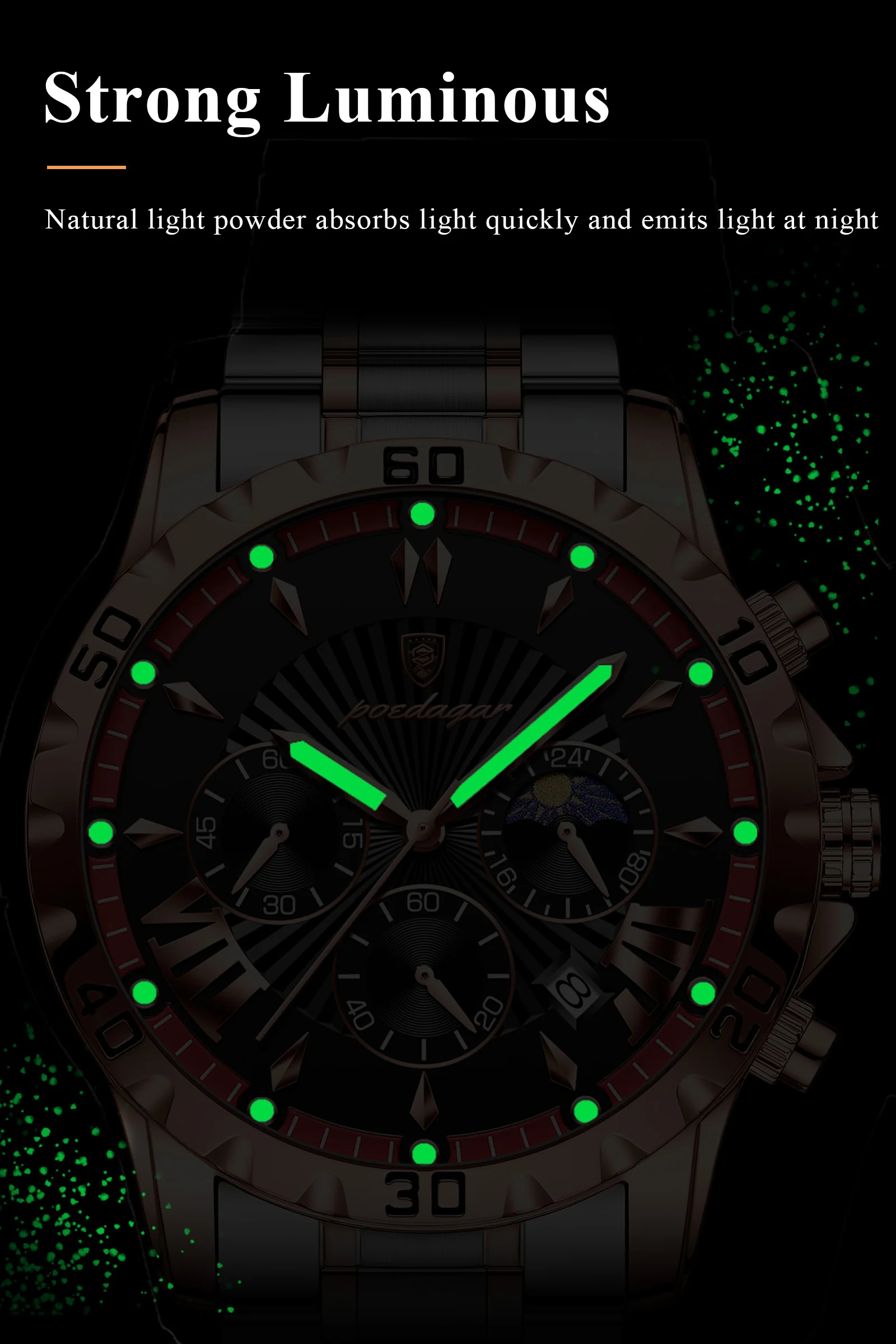 POEDAGAR Top-Luxus-Herrenuhr, Leuchtend, Wasserdicht, Edelstahl, Quarz, Chronograph, Datum, Militäruhr für Herren – Detail 13