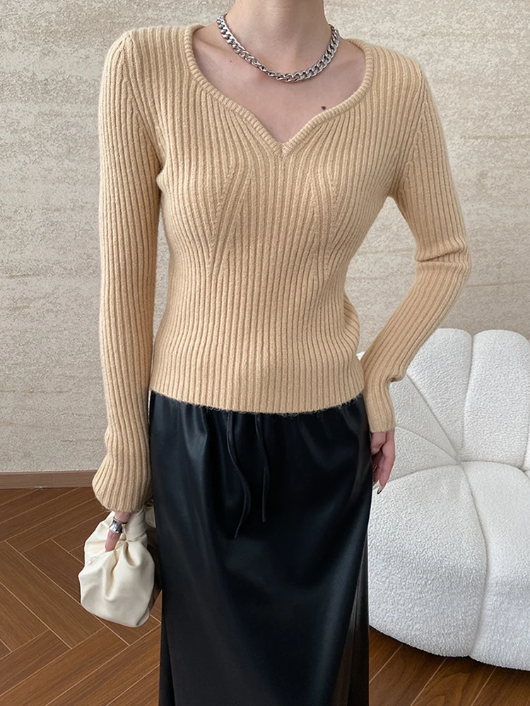 DEAT Fashion Green Knitted Pullover Women's V-neck Slim Brown Red Long Sleeve Pit Bottom Sweater Autumn Spring 2025 New 7AB6350