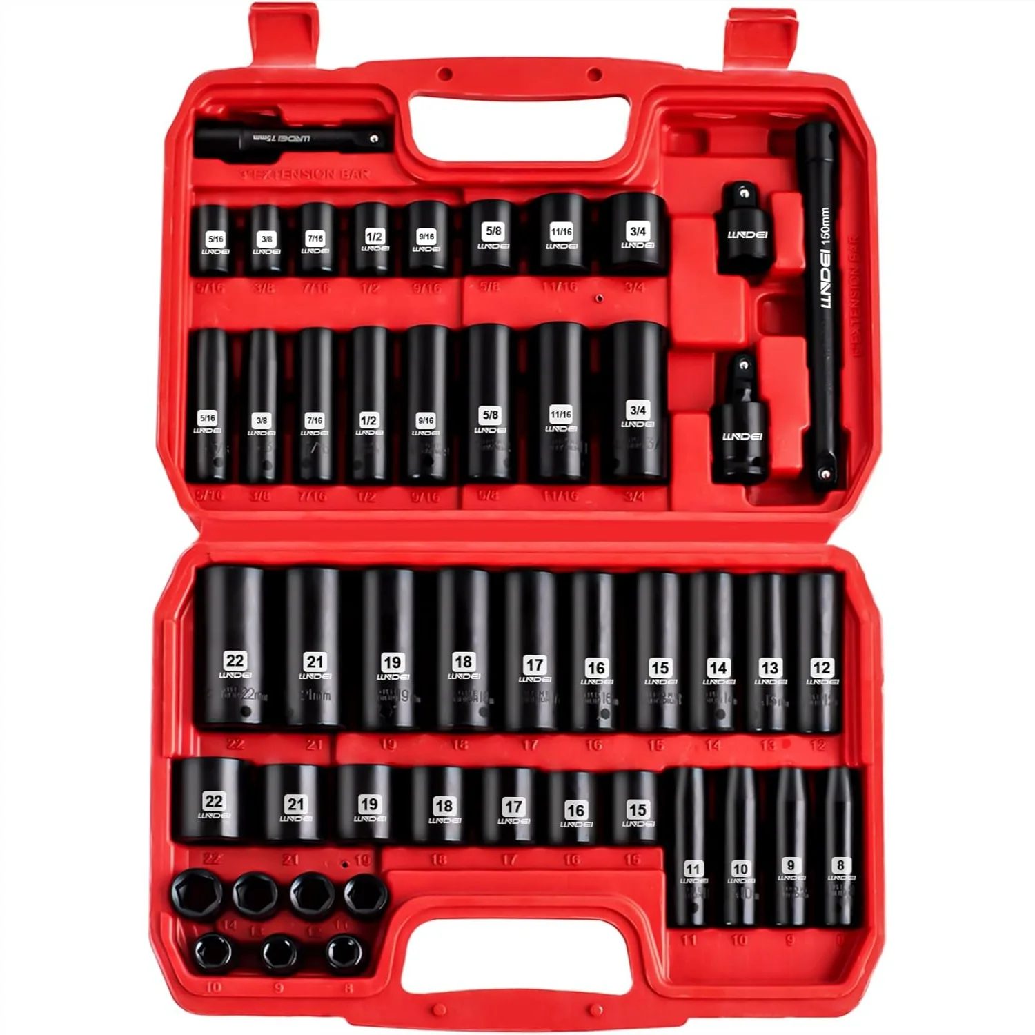 

3/8 Inch Drive Impact Socket Set 48Pcs SAE And Metric 5/16-3/4 Inch 8-22mm With Extension Bar Universal Joint And Reducer