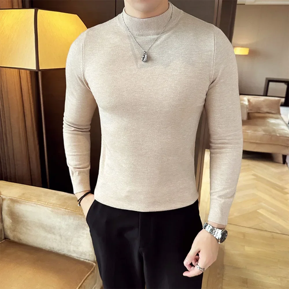 Men's  Autumn Winter Fleece Warm Sweaters Pullovers Solid Color Half Turtleneck Casual SweaterMale Men Clothing Basic Daily Wear