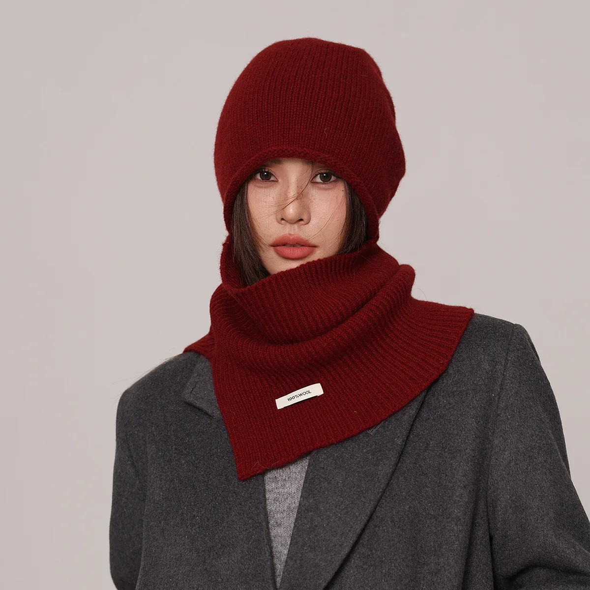 

Простая нежная вязаная шапка из 100% шерсти, шейный платок унисекс, осенне-зимняя теплая шапка с напуском, маленький шарф, чистый цвет, универсальный