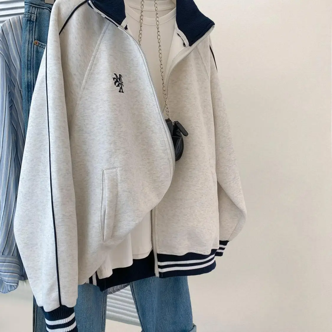 

Женская куртка больших размеров с длинными рукавами, в стиле пэчворк, с воротником-стойкой, весна-осень, свободный крой, универсальный топ в корейском стиле