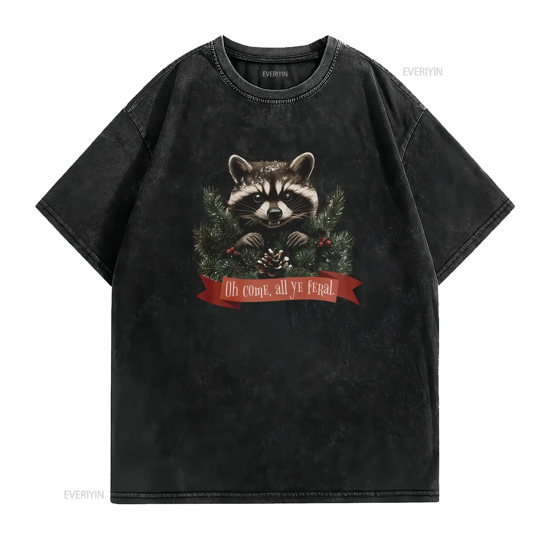 Festive Raccoon Christmas T Shirt Funny Xmas Apparel Women's Holiday Feral Animal Winter Top Unique Cozy Yule vintage Washed