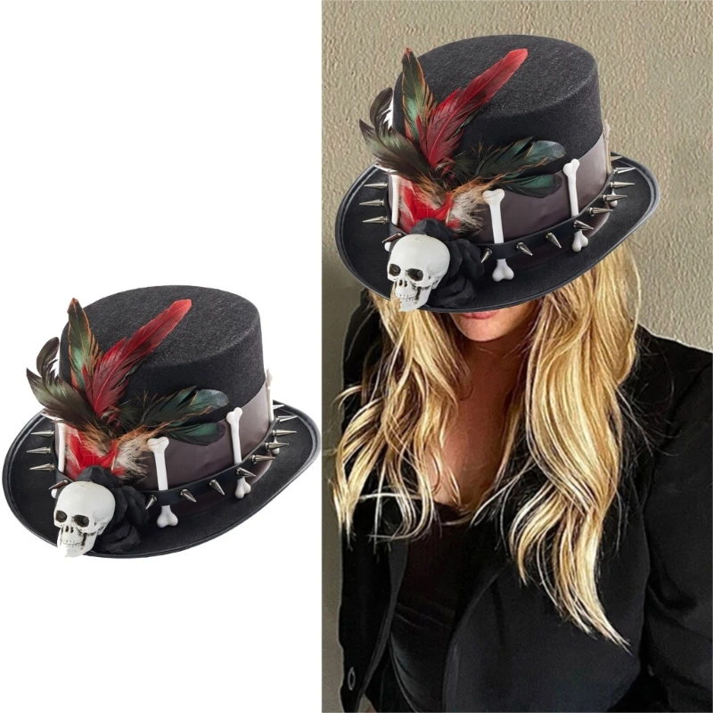 

Flat Top Hat with Skull&Rivet Steampunk Medieval Hat Halloween Girl Feathered Fedoras Hat Stage Performances Hat Dropshipping