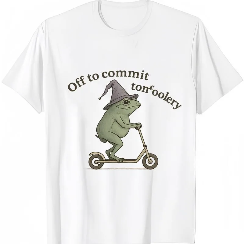 

Funny Frog T-Shirt Off to Commit Tomfoolery Graphic Tee Cute Animal Print Summer Casual Gift for Women Men Z Gen Fans