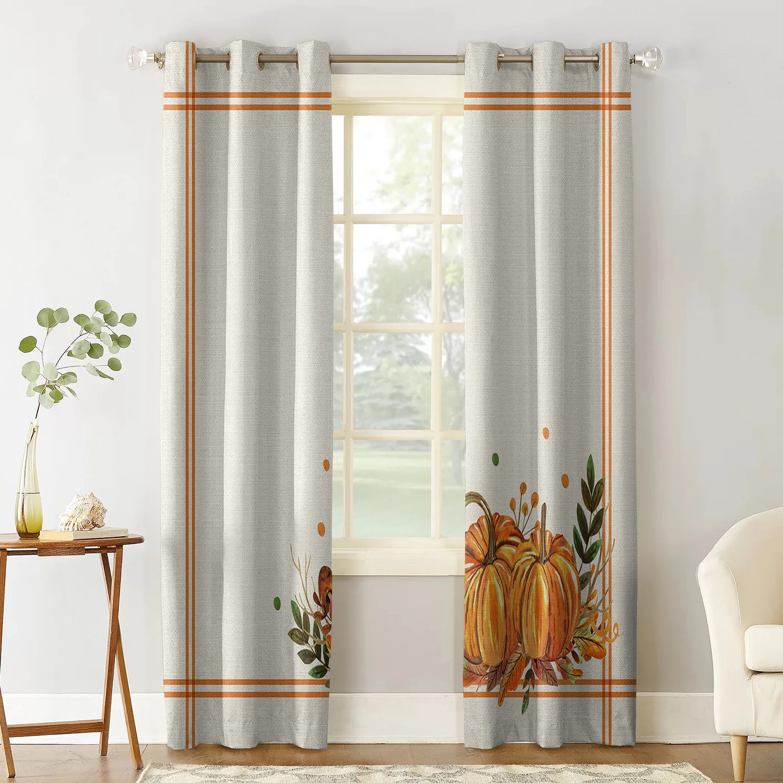 Thanksgiving Orange Pumpkin Leafy Farm Print Window Curtains Luxury European Curtains for Living Room Balcony Hotel Cafe Drapes