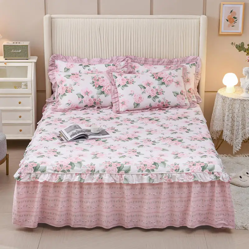 

High Grade Floral Print Bed Skirt + Pillowcases,1.5M 1.8M Princess Ruffle 100% Cotton Bedding Bedspread Mattress Cover 3pcs/set