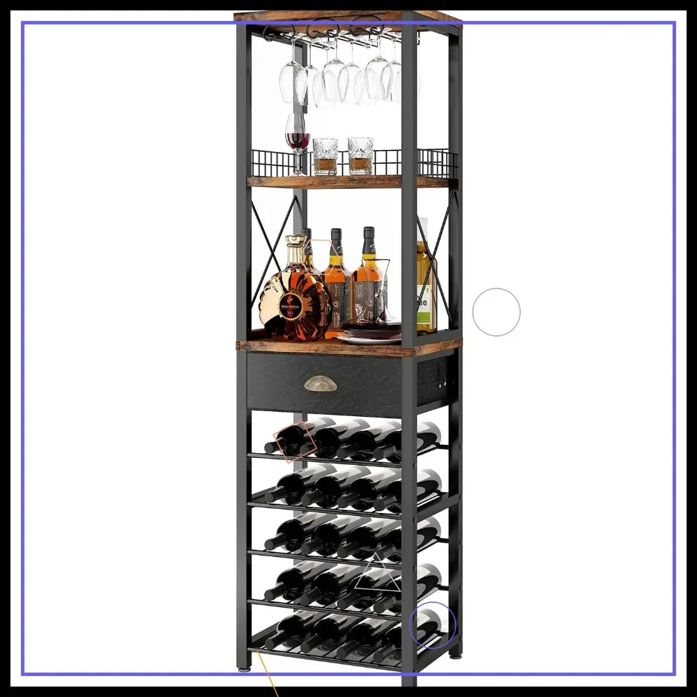 

4-Tier Wine Rack Freestanding Floor, Bar Cabinet with Tabletop, Glass Holder, Storage Drawer, Wine Storage for Living Room