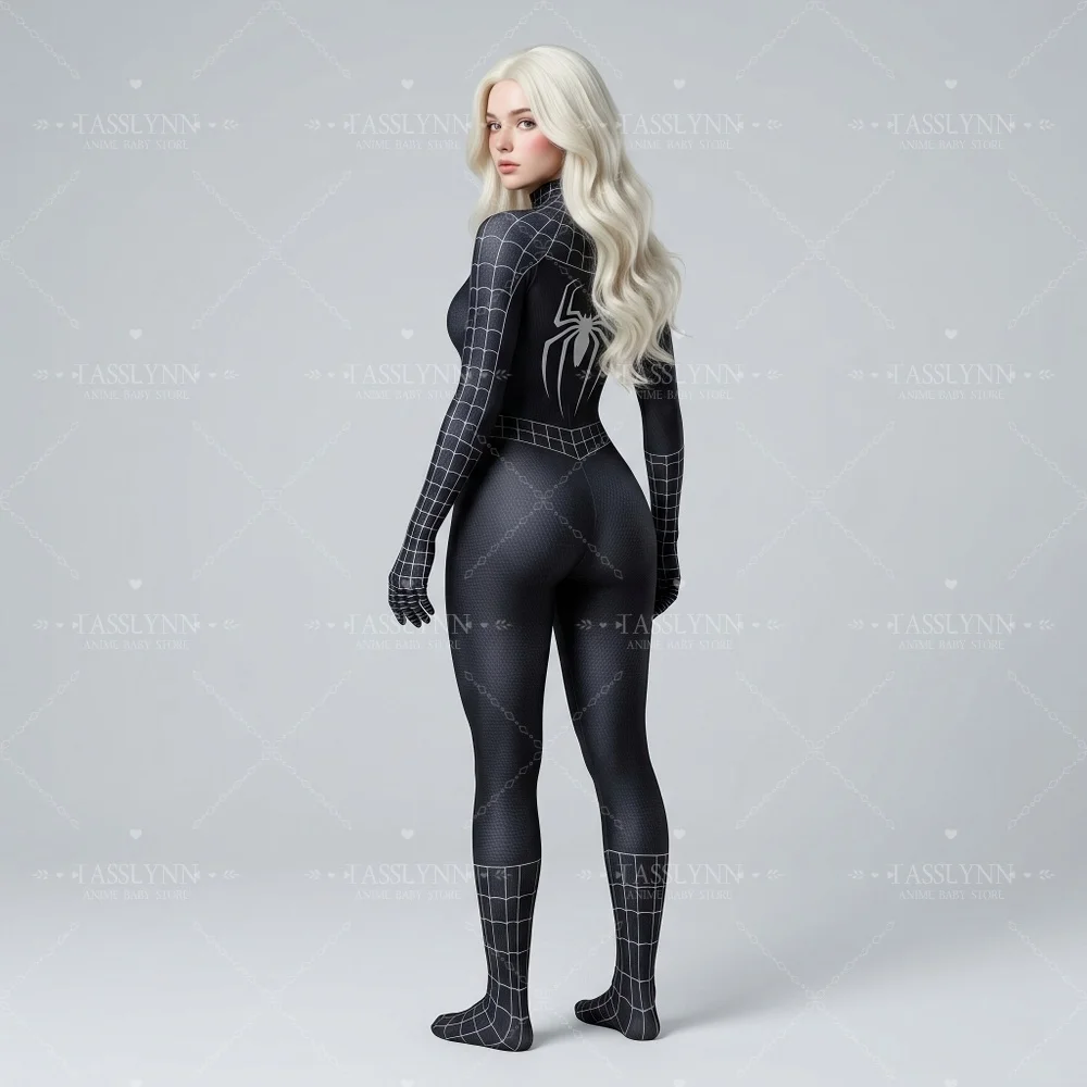 Women Symbiote Black Spider Cosplay Bodysuit, White Web Print Curvy Fit Jumpsuit, Superhero Costume for Halloween Comic Con view 2