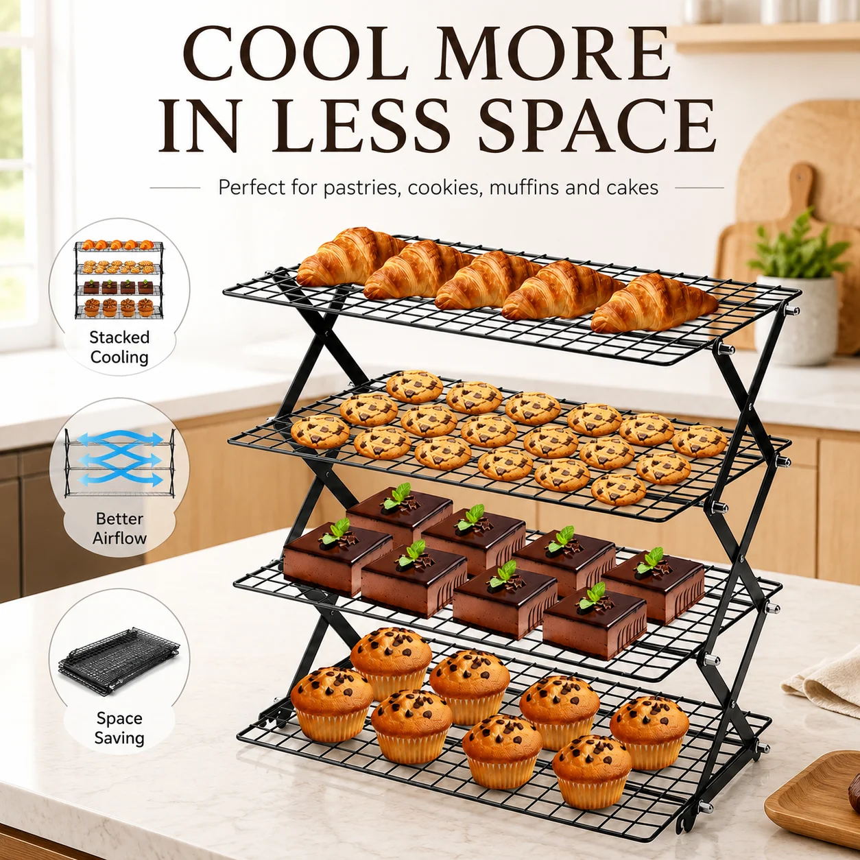 Uwhise 2/3/4-Tier Foldable Baking Cooling Rack Non-Stick Wire Baking Rack Stackable Grid For Cookies Cakes Breads Pastries