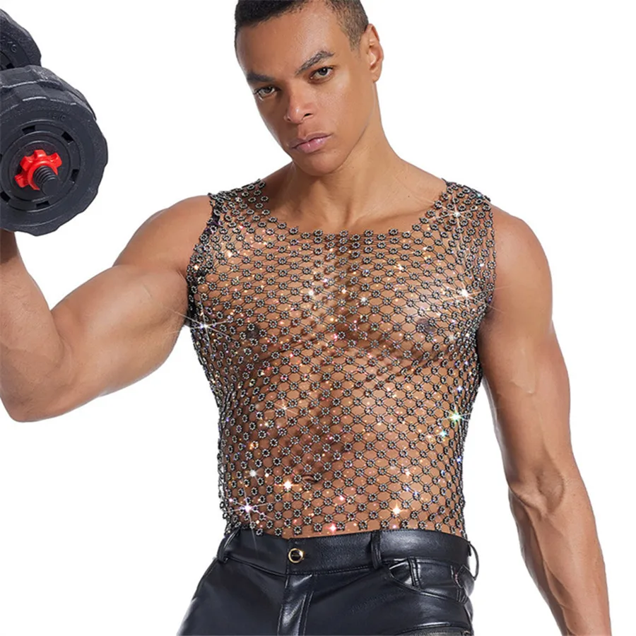 2026 Men's Summer Hollow Out Mesh Tank Tops Rhinestone Sleeveless T-Shirt Sexy Trend Slim Vest Breathable Men Muscle Tees