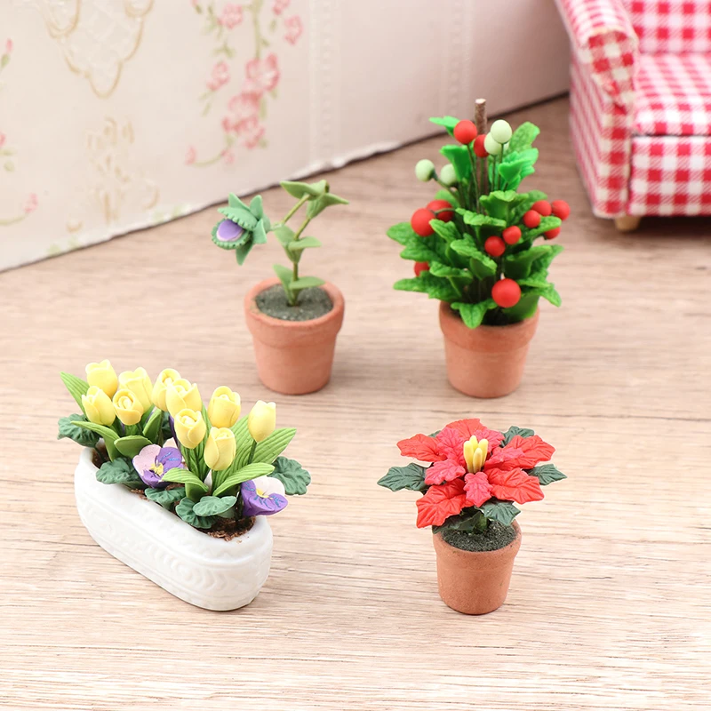 1:12 Dollhouse Miniature Potted Plants Tulip Flower Pot Fortune Fruit Bonsai Model For Doll House Decor Kids Pretend Play Toys