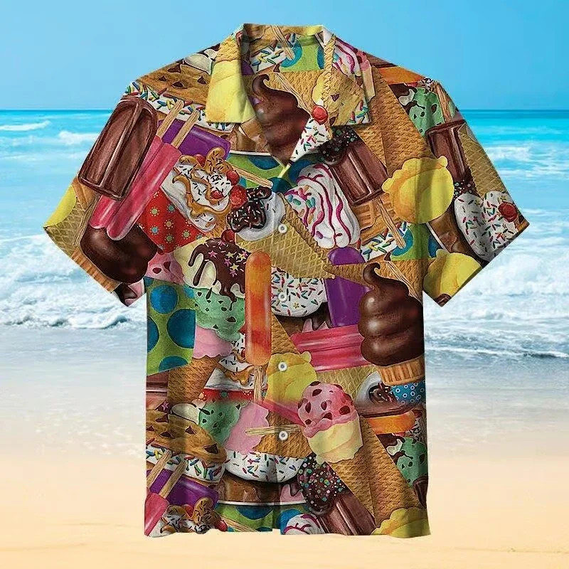 Summer Ice-cream Men's Holiday Lapel Camisa Oversized Hawaiian Shirts 3d Print Fashion Men Women Beach Short Sleeve Blouse Tops