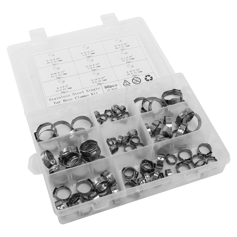 Stainless Steel Single Ear Hose Clamp, 80Pcs 6-23.6Mm Crimp Hose Clamp Assortment Kit Ear Stepless Cinch Rings Crimp Pinch Fitti