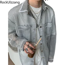 Oversized Fish Net Style Button Up Shirt Top Long Sleeve Summer Fall Woman Men Hip Hop Loose Plus Size harajuku street punk y2k