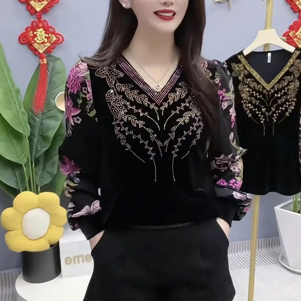 

Fashionable Velvet Elegant Patchwork Slimming V-Neck Sequin Base Shirt