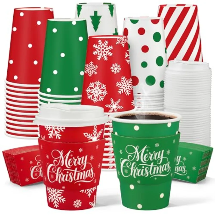 

48 Pcs Christmas Paper Coffee Cups 12oz Disposable To Go Coffee Cup with Lids and Sleeves LeakProof Xmas Paper Drinking Cups fo