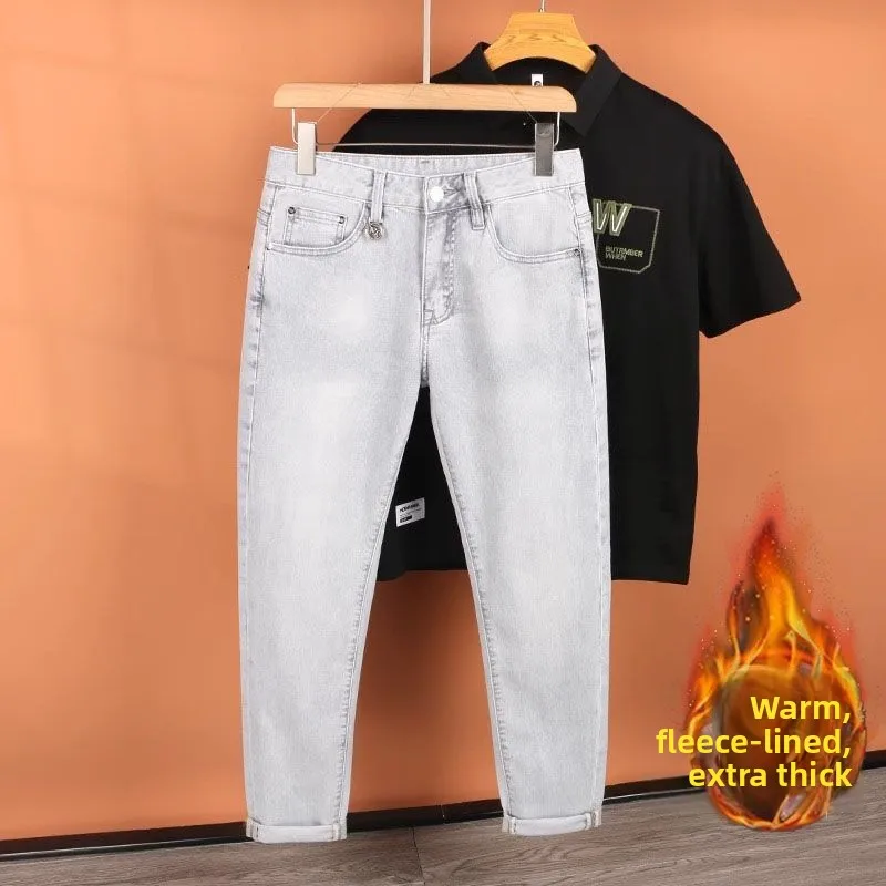 

Мужские облегающие эластичные повседневные модные длинные джинсы 2025 года, теплые, высококачественные, легкие, с вышивкой, свободного прямого кроя