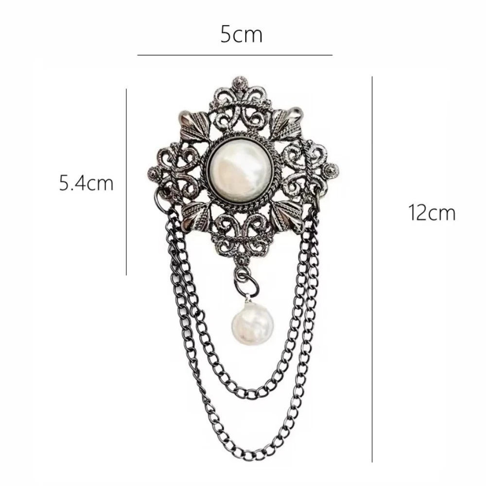 Antique Bronze Hollow-out Filigree Safety Pin Brooch Vintage Style Pearl Pin with Multi-layer Chain Pearl Drop Decoration Crafts