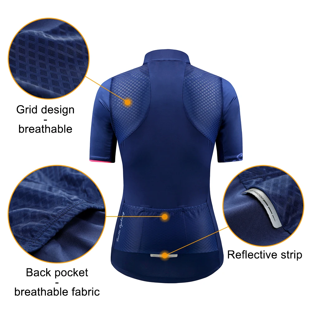 Santic Cycling Jersey Women Short Sleeve Summer Mountain Bicycle Clothing Non-Slip Full Zipper Road Bike Shirts Navy Blue S-3XL