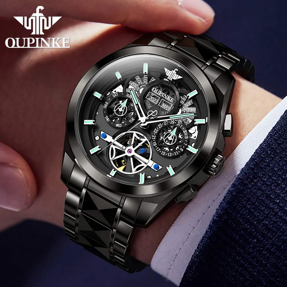 OUPINKE Brand Luxury Mechanical Watches Mens Automatic Luminous Sapphire Steel Waterproof Perpetual Calendar Week Reloj Hombre