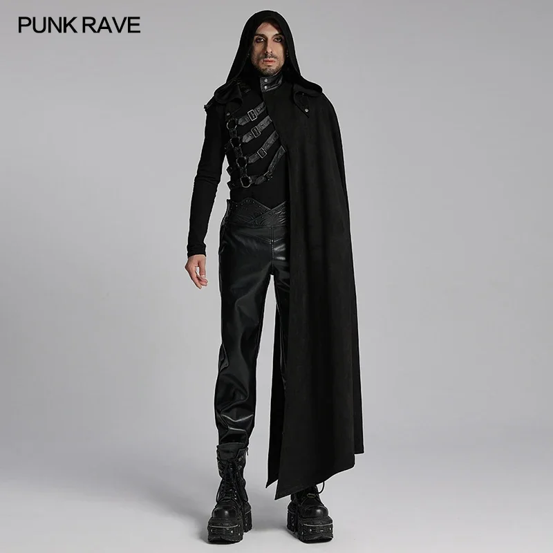 PUNK RAVE Gothic Embossed Velvet Twill Faux Leather Dark Mage Robe Hooded Style Elegant Simple Cape Coat