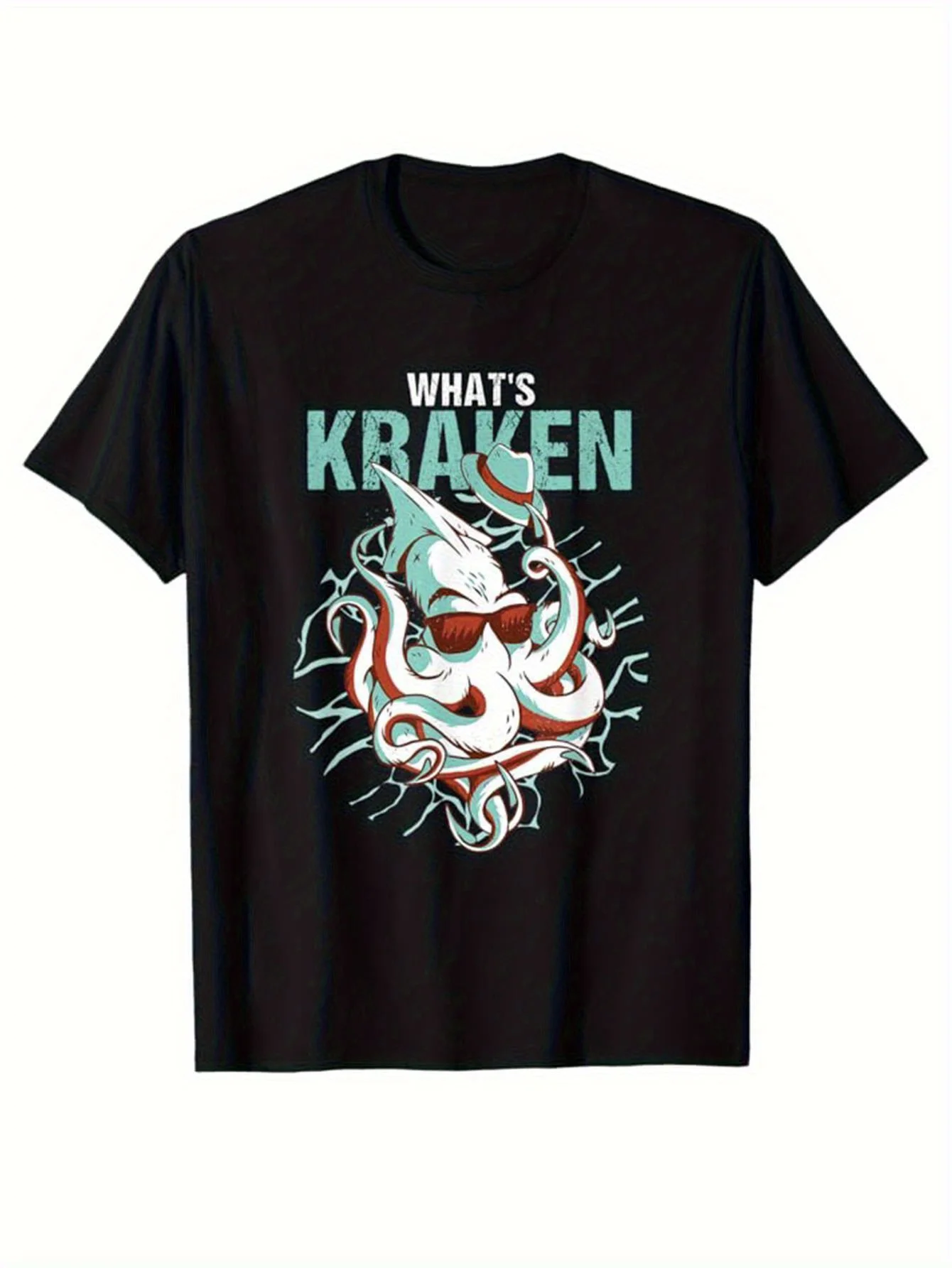 Men's Black Cotton T-Shirt - WHAT's KRAKEN Graphic Tee with Teal & Red Accents, Loose Fit Crew Neck Shirt for Everyday & Themed Events, Soft Breathable Fabric Casual Top for Year-Round Wear, Relaxed Style, Bold Print, Comfortable Material