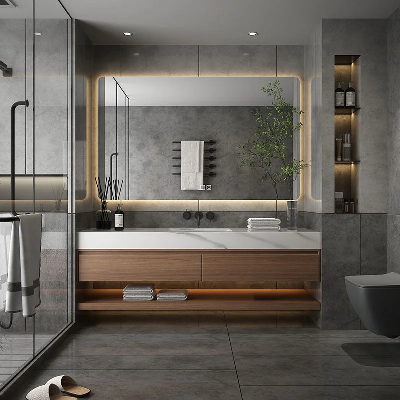 

European Modern Bathroom Cabinet Brown Rustic Smart Mirror Bathroom Cabinet Wood Space Saving Meuble Salle De Bain Furniture