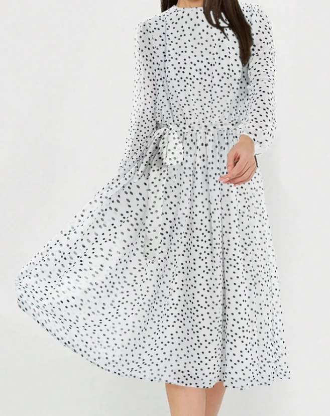 Summer Dress Woman  Floral Print O-Neck High Waisted Long Sleeved Casual Beach A-Line Chiffon Midi Dress