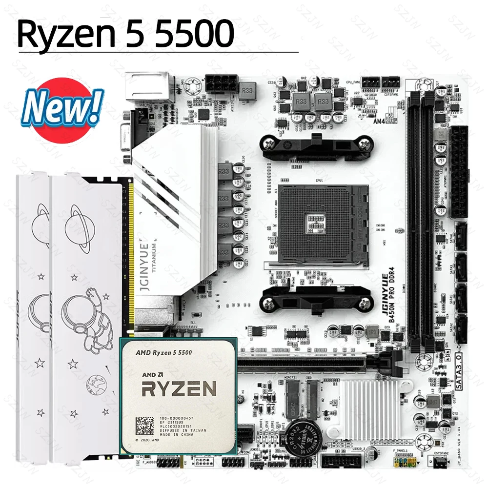 JGINYUE B450M PRO Motherboard Set with AMD Ryzen R5 5500 Processors 2*16GB=32GB DDR4 3200 Dual Channel Memory AM4 Gaming Board