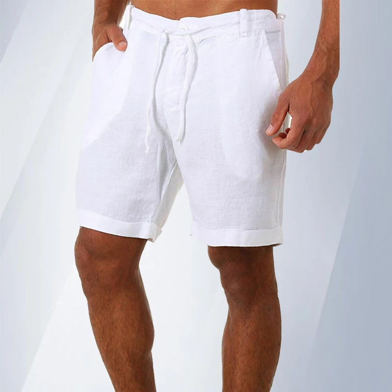 Calção casual de linho masculino, calça curta de cor sólida, linho respirável, moda praia, suor, verão