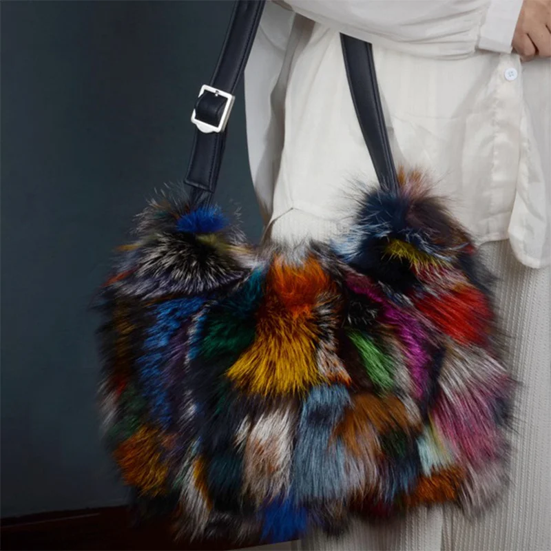 Fashion Korean Women\'s Shoulder Bag Luxury Colorful Fox Fur Large Capacity Underarm Bag Casual Fluffy Real Fur Handbag 2023 New