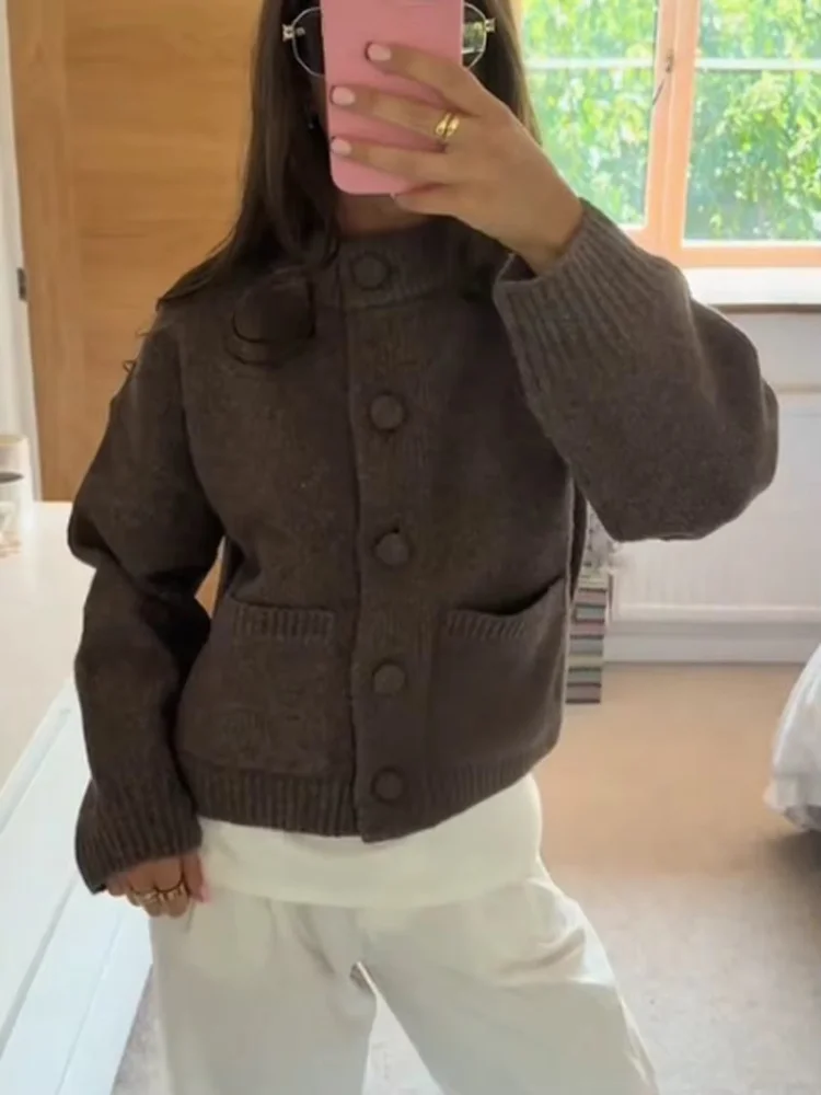 Casual Knitted Sweater Women Solid Long Sleeve O-neck Single-breasted Pockets Knitwear 2025 Autumn Winter Fashion Lady Outwears