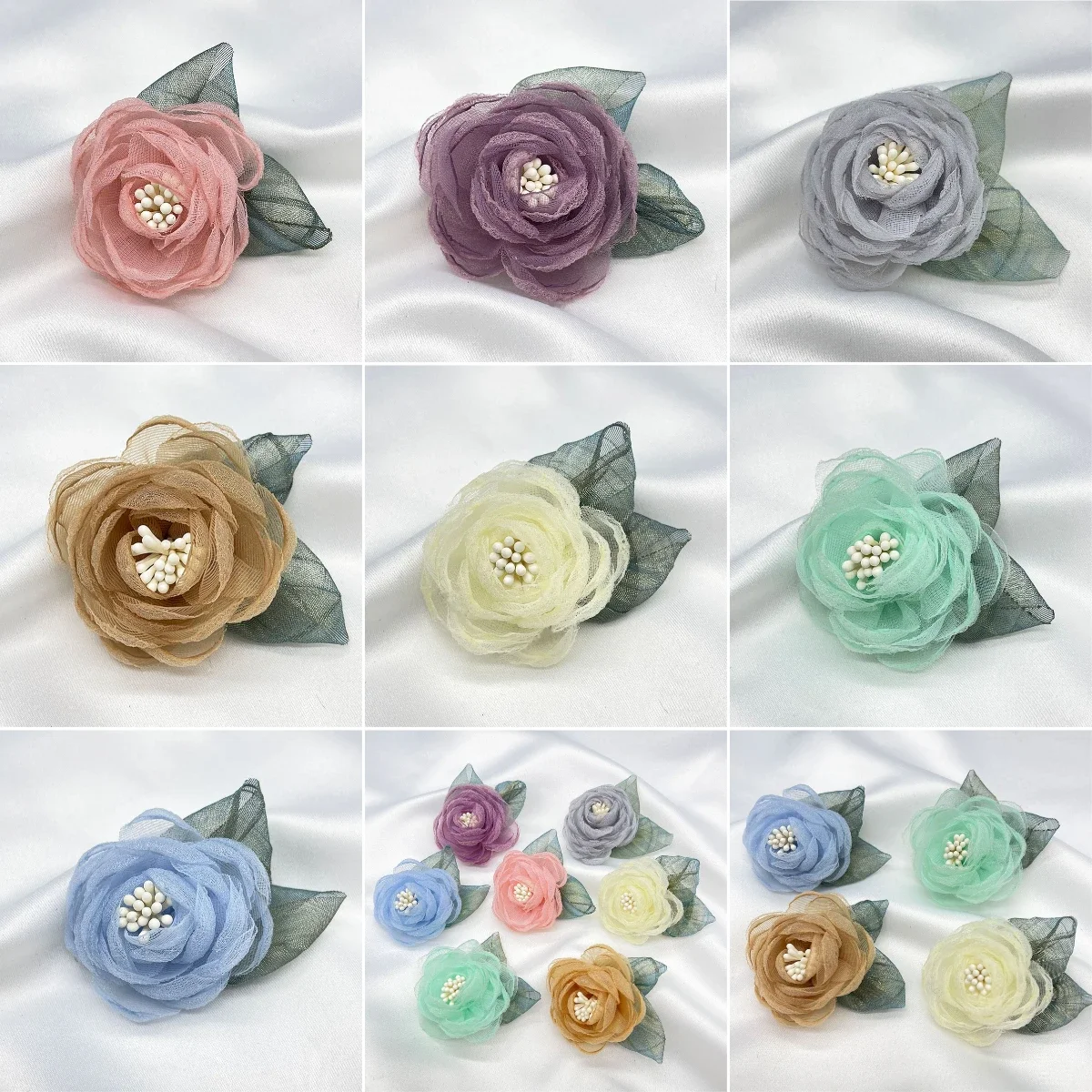 Diameter 6CM Handmade DIY 3D Organza Handmade Flowers Camellia Brooch Flower Decorative Flower Applique