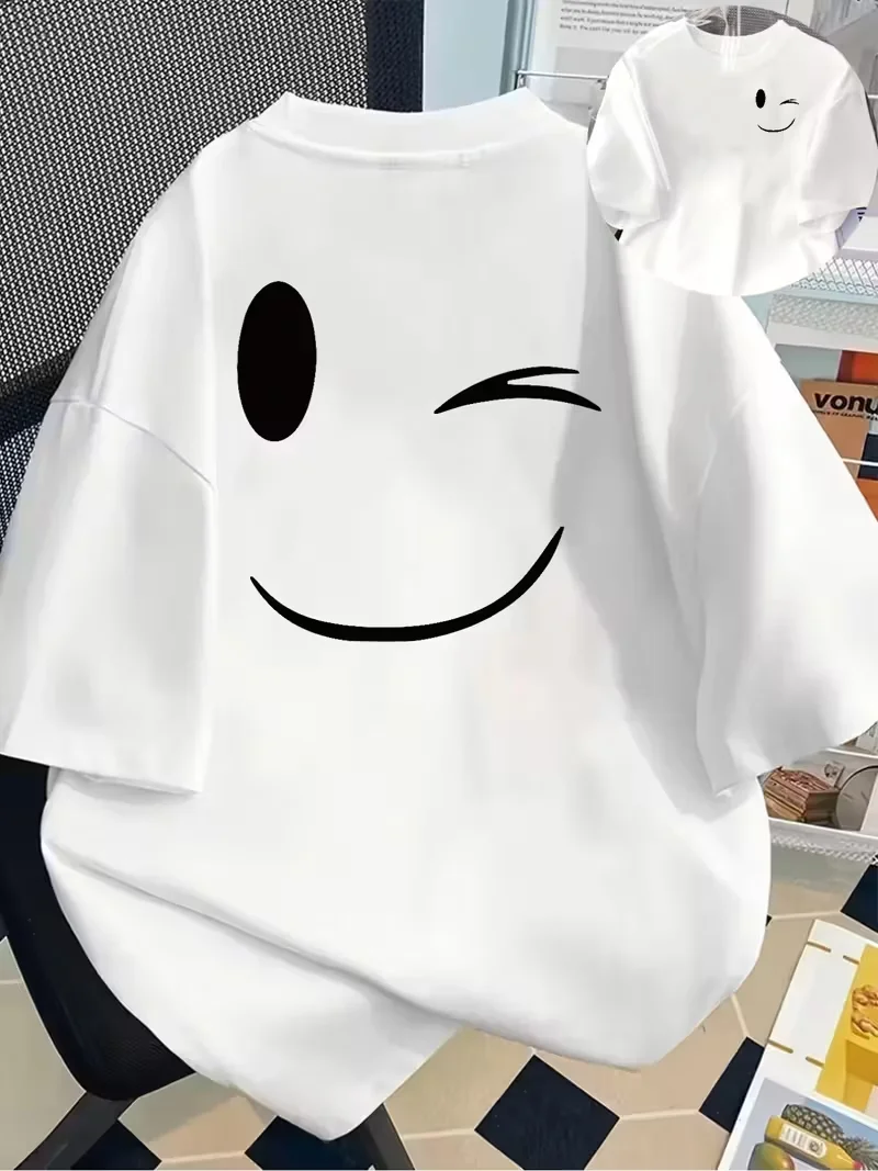 Camiseta con estampado frontal y trasero con expresiones de guiño, camiseta de mujer, camiseta de manga corta estampada moderna para primavera y verano