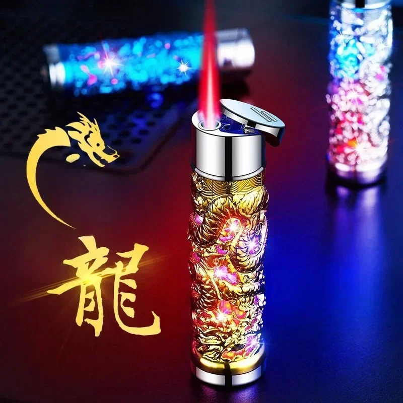 Metal Embossed Outdoor Windproof Butane Gas Lighter Direct Flush Red Flame Turbo Torch Portable Lighter Men's High-End Gift