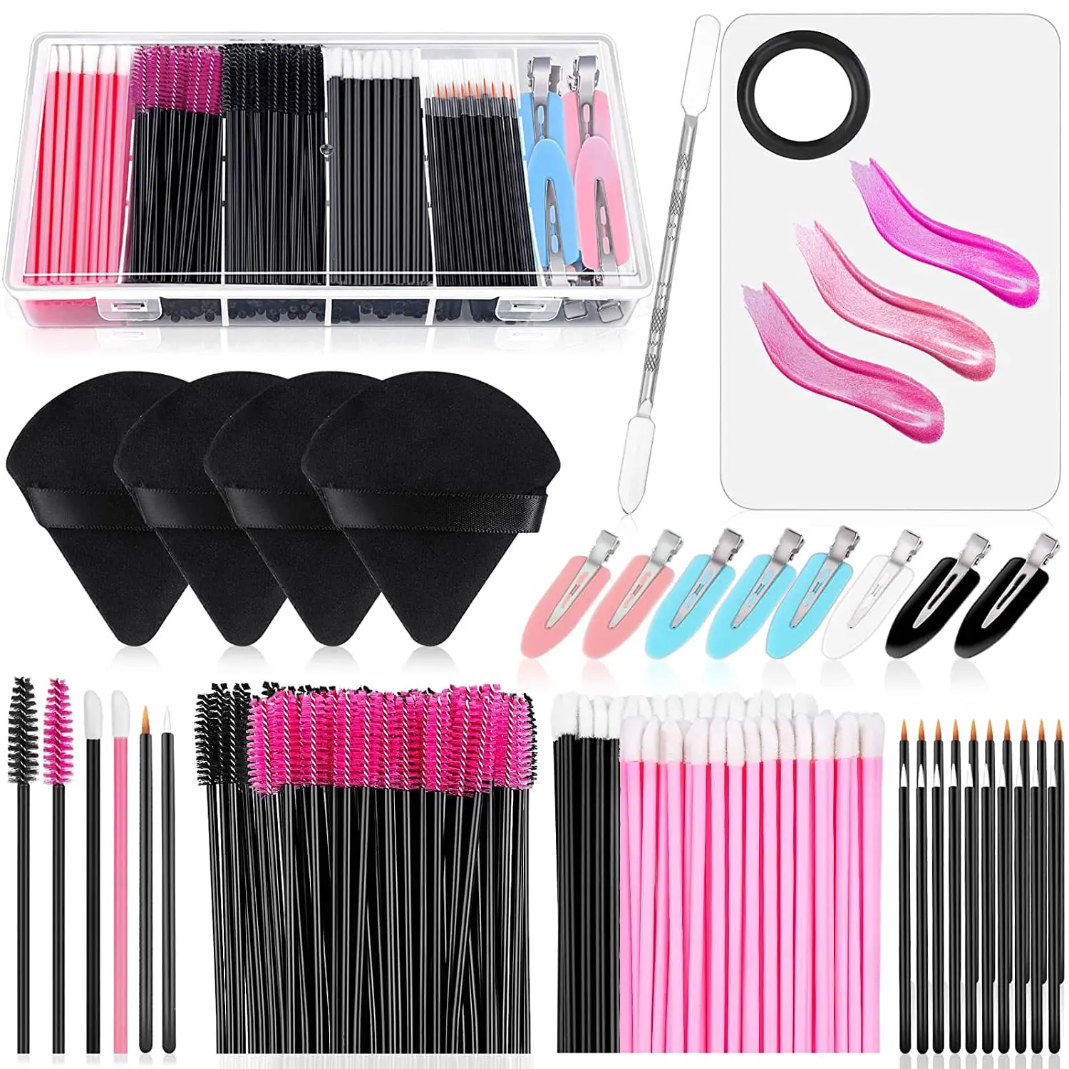 Makeup Applicators Kit Triangle Makeup Puff Mixing Palette Eyeline Mascara Wands Lip Brushes Hair Clips Powder Puffs for Face