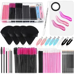 Makeup Applicators Kit Triangle Makeup Puff Mixing Palette Eyeline Mascara Wands Lip Brushes Hair Clips Powder Puffs for Face