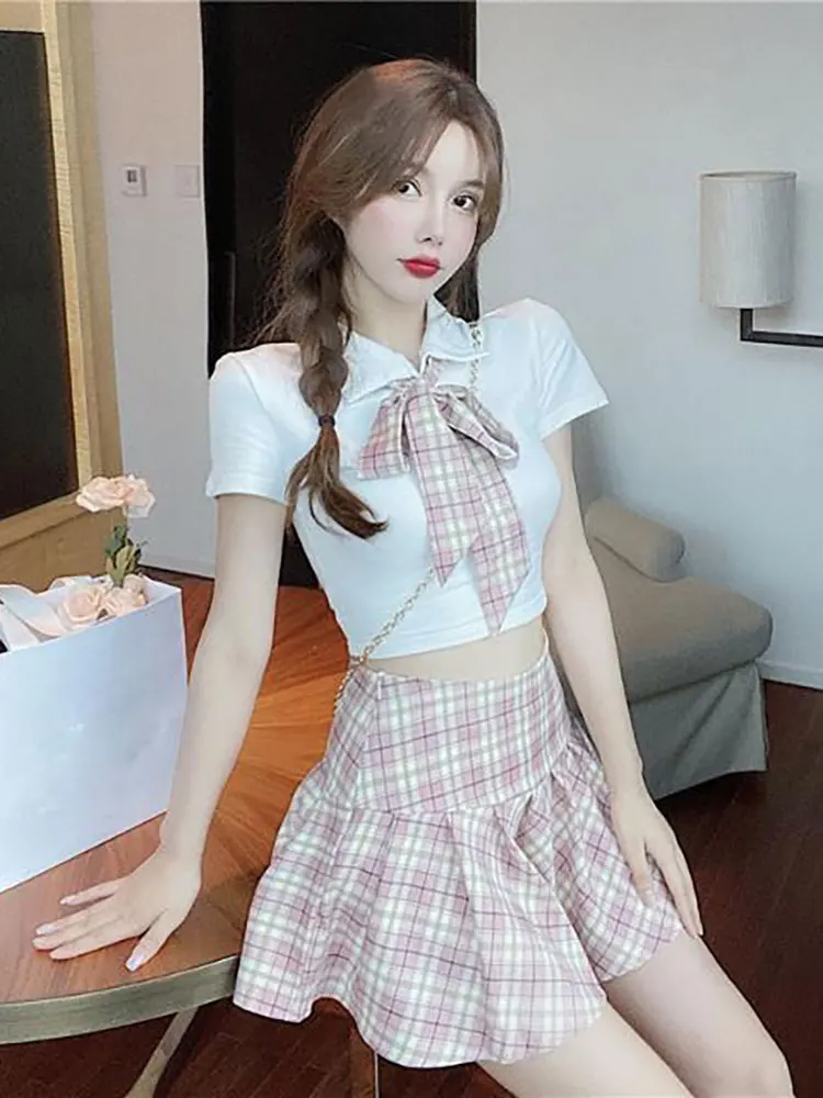 Plaid Short Skirt Suit Women Sexy Pretty 2022Summer New Korean Bow Tops + Plaid High Waist Pleated Skirt Two-piece Clothes Trend