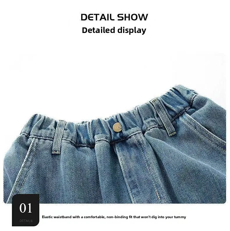 Herbstliche Freizeit-Cargo-Jeans für Jungen mit Taschen, lockerer Schnitt, Teenager-Denim-Hose, modische Kinderjeans, 5-14 Jahre – Detail 7
