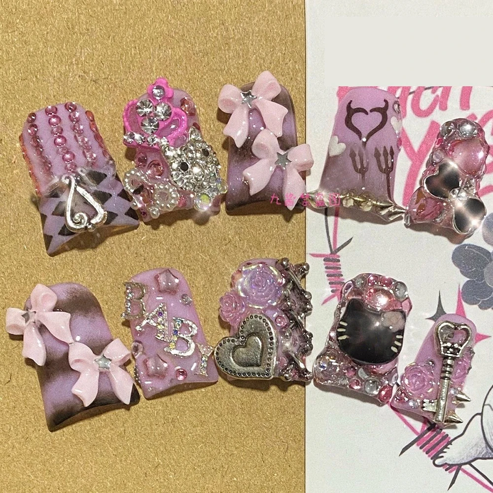 10Pcs Y2K Long Duck Square Punk Rivet Press On Nails Handmade French Leopard Print Star Lace Love Diamond Fake Nails Gift