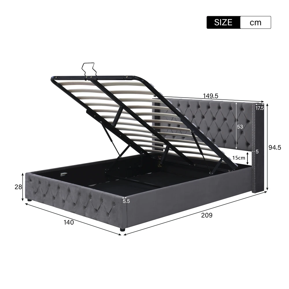 Gepolstertes Doppelbett aus schwarzem Samtflanell mit Nietenknopf und hydraulischem Stauraum (ohne Matratze), 160 x 200 cm oder 180 x 200 cm – Detail 11