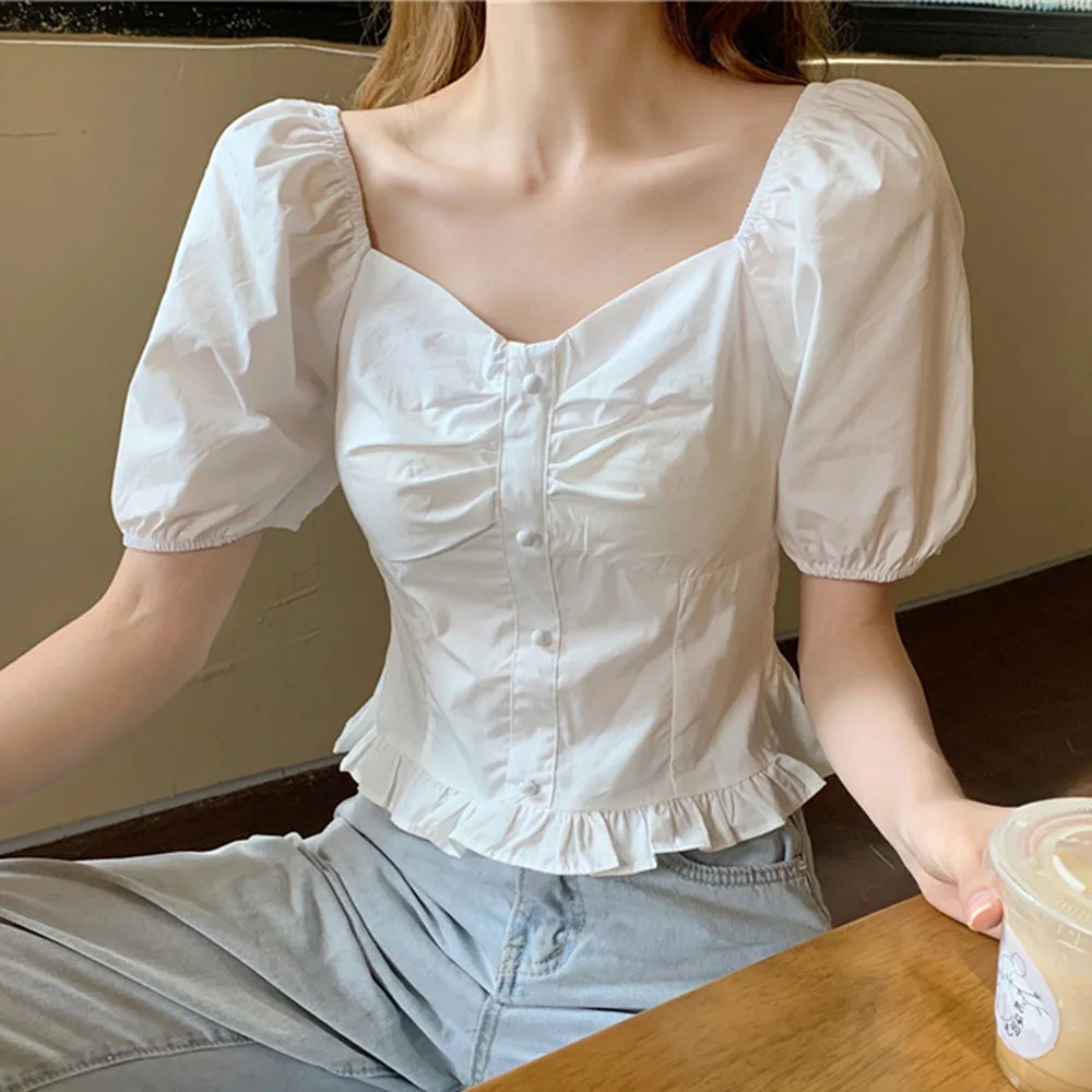 French Style Ruffle Blouse Vintage Square Neck Shirts And Blouses Ladies Fashion Sexy Short Tops Women Slim Blusas Para Mujer