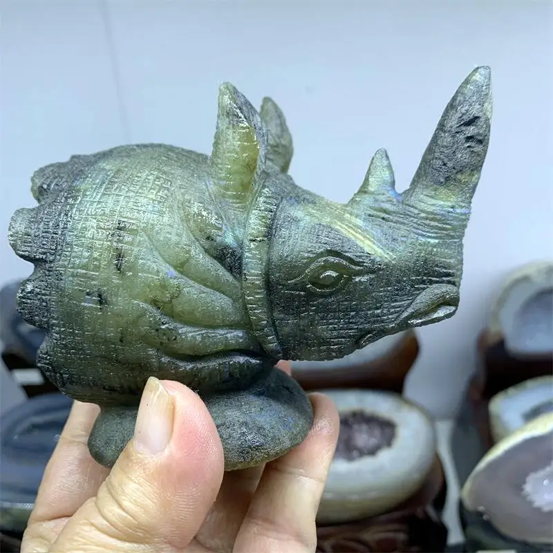 Natural Labradorite Rhinoceros Carving Crystal Healing Reiki Statue Sculpture For Decoration Gift 1PCS