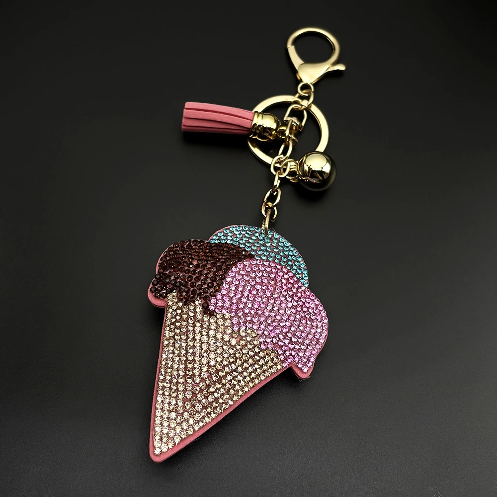 Süße Drei Kugeln Eis Schlüsselbund Für Frauen Männer Quaste Strass Rosa Weibliche Heißer Sommer Tasche Charme Hängen Kerholder Schmuck