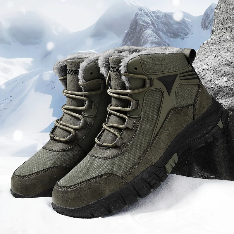 Botas de nieve cálidas para hombre, zapatos de felpa, zapatillas de senderismo de cuero impermeables, informales, a la moda, invierno, 2023